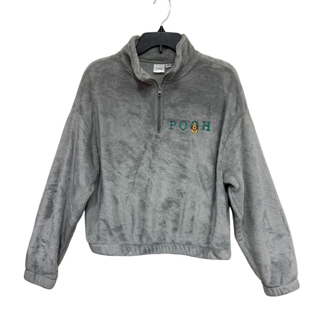 Disney Gray Pooh Fleece 1/4 zip Cropped shirt‎ elastic waist cuffs Size Medium